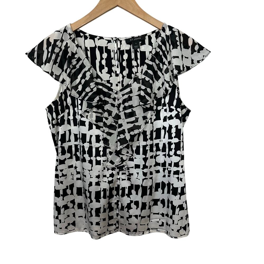 ST. JOHN Silk Blend Blouse Ruffled Sleeveless Women's 8 Black White Keyhole Back